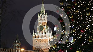 Christmas New Year holidays decoration in Moscow at night, Russia-- TheÂ Spasskaya Tower.